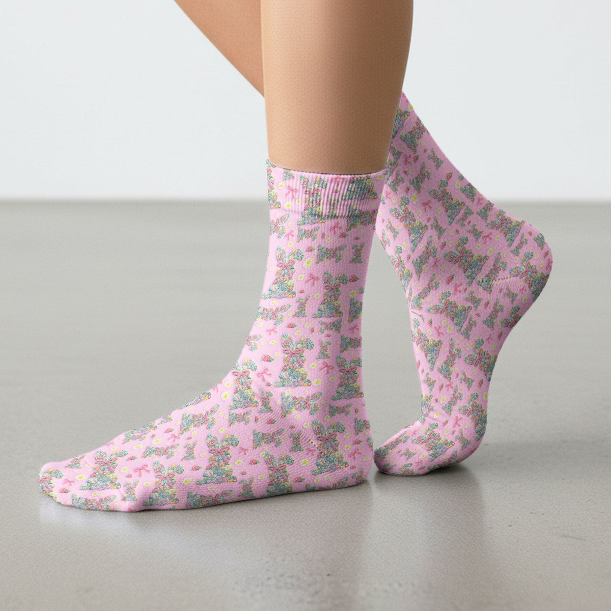 Colorful Floral Bunny Pink Bow Nurse Socks
