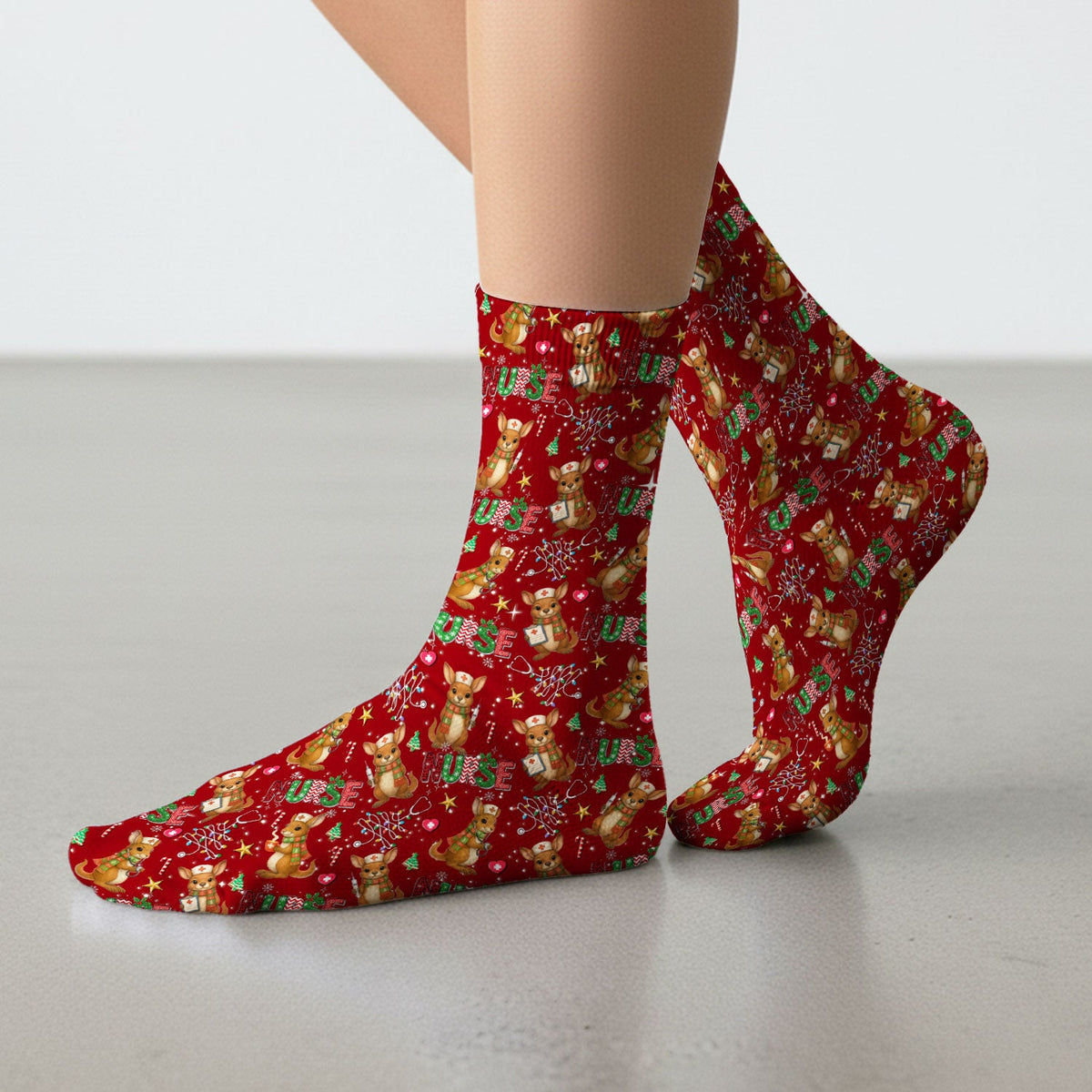 Aussie Kangaroo Christmas Socks for Nurse Doctor - Funny Holiday Adult Socks for Men and Women - Breathable Fabrics Medical Uniform