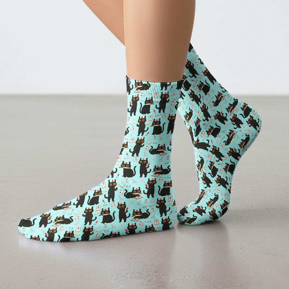 Cute Teal Black Cat Nurse Socks