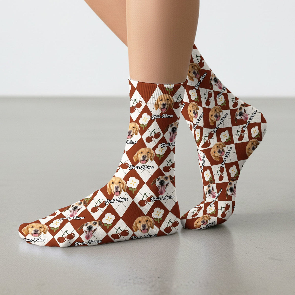 Dog Face Cherry Argyle Nurse Socks