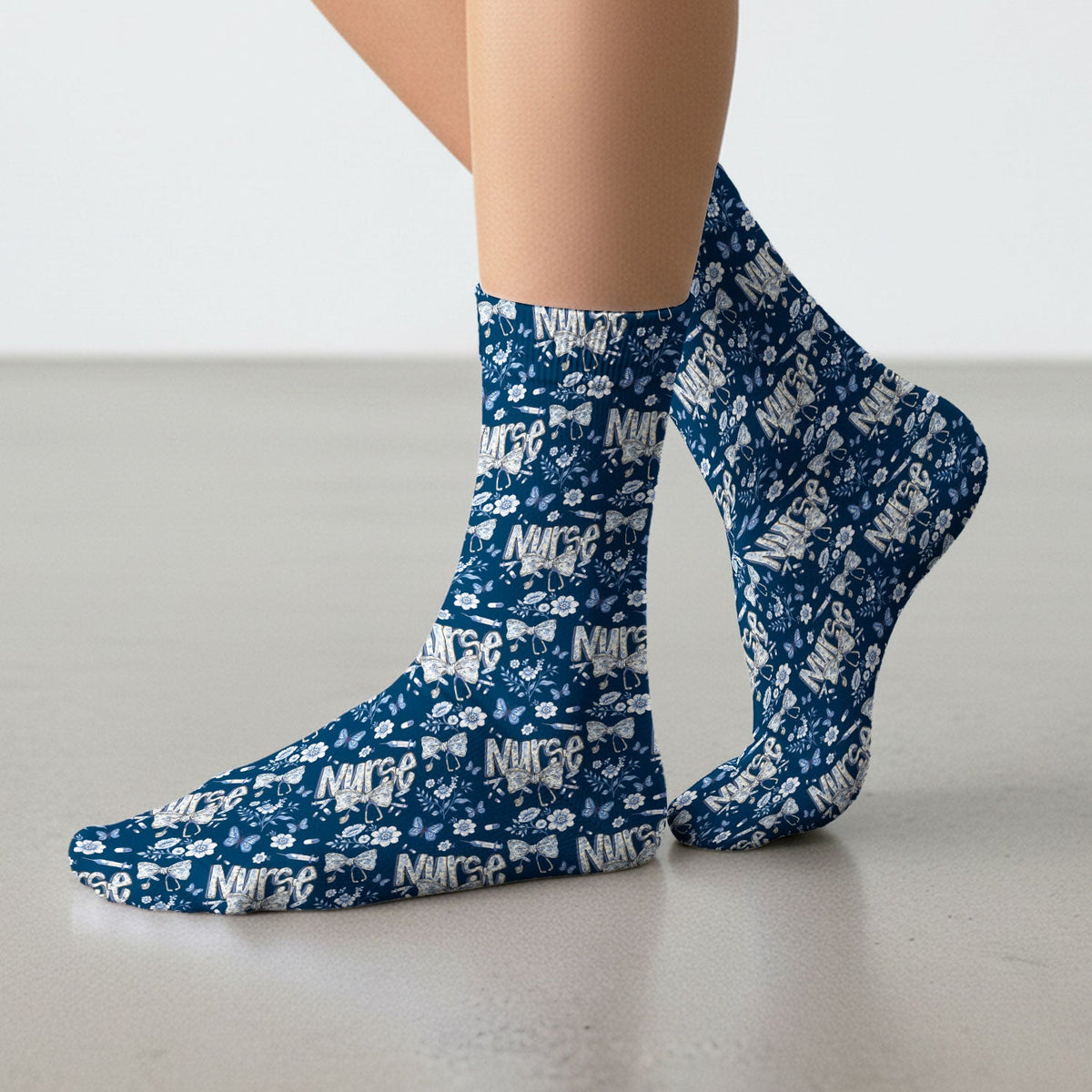 Blue Nurse Bow Butterfly Floral Socks