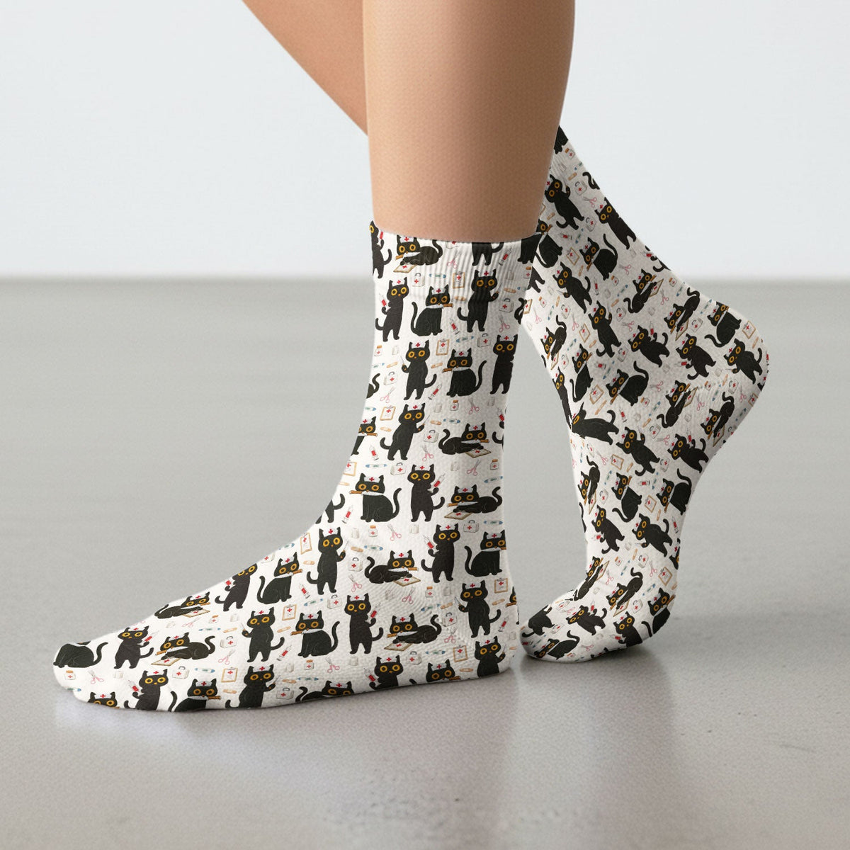 Cute Teal Black Cat Nurse Socks