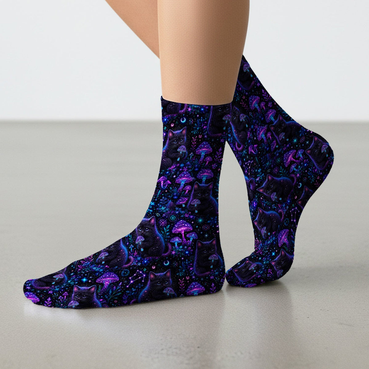 Neon Black Cat Mushroom Galaxy Nurse Socks