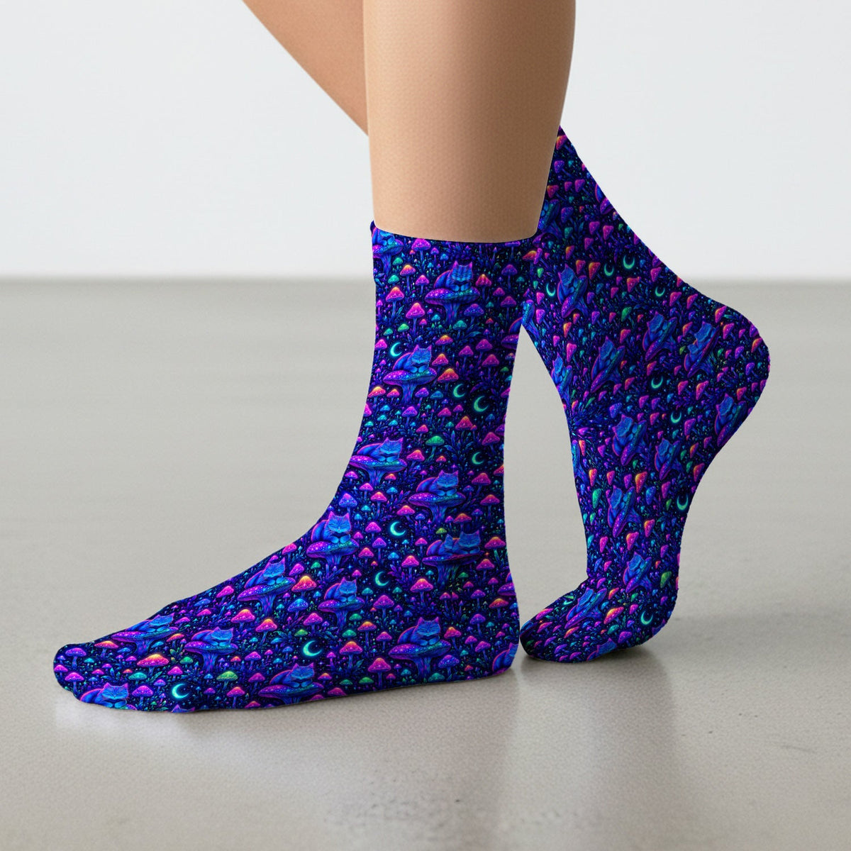 Neon Mushroom Cat Galaxy Nurse Socks