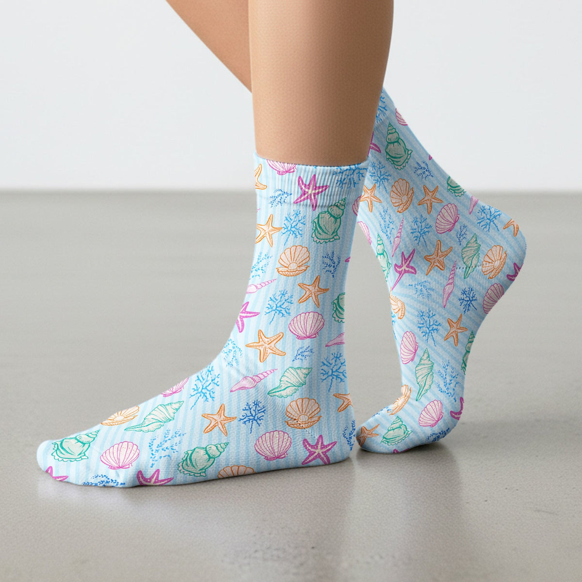 Colorful Seashell Starfish Ocean Stripe Nurse Socks