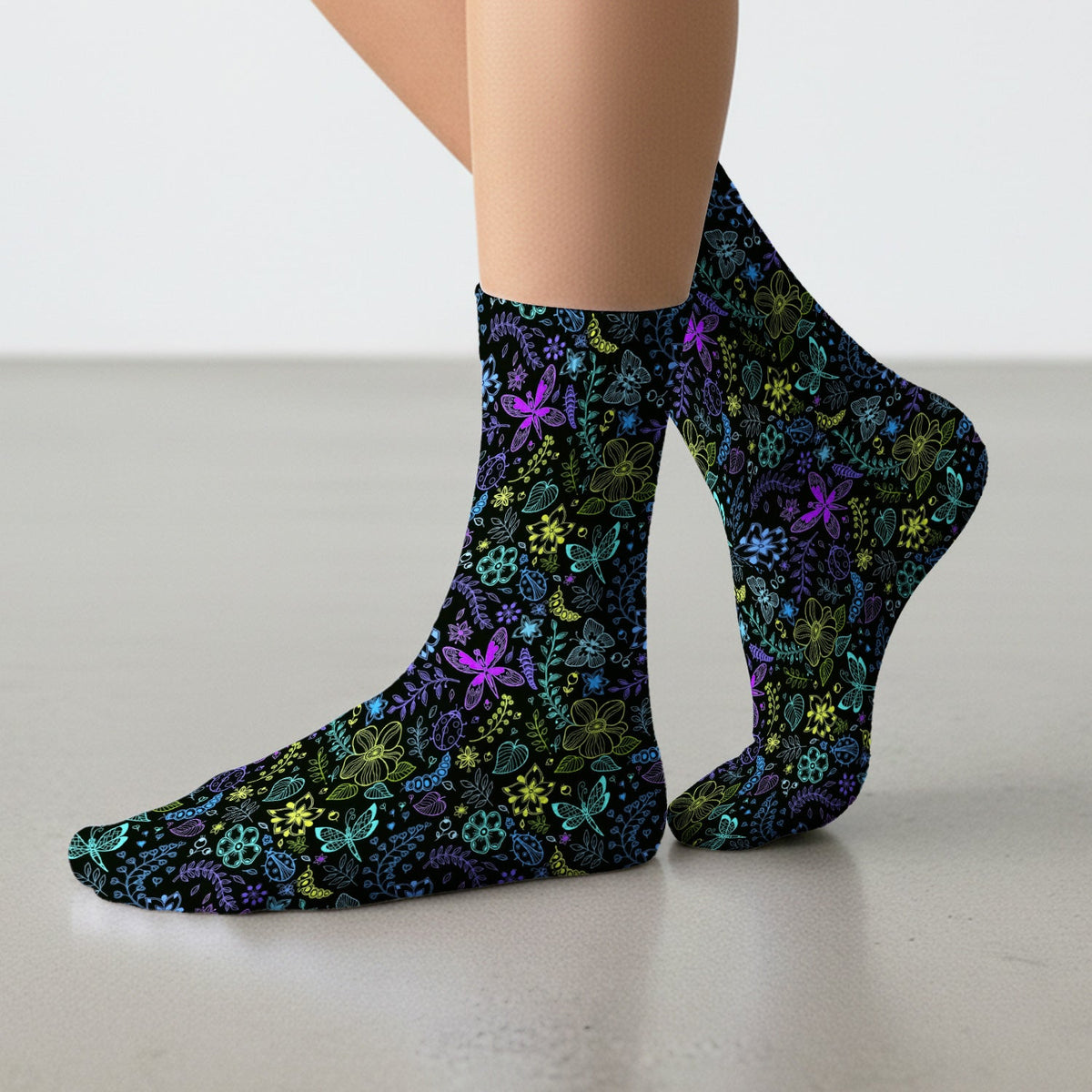 Neon Butterfly Floral Garden Nurse Socks