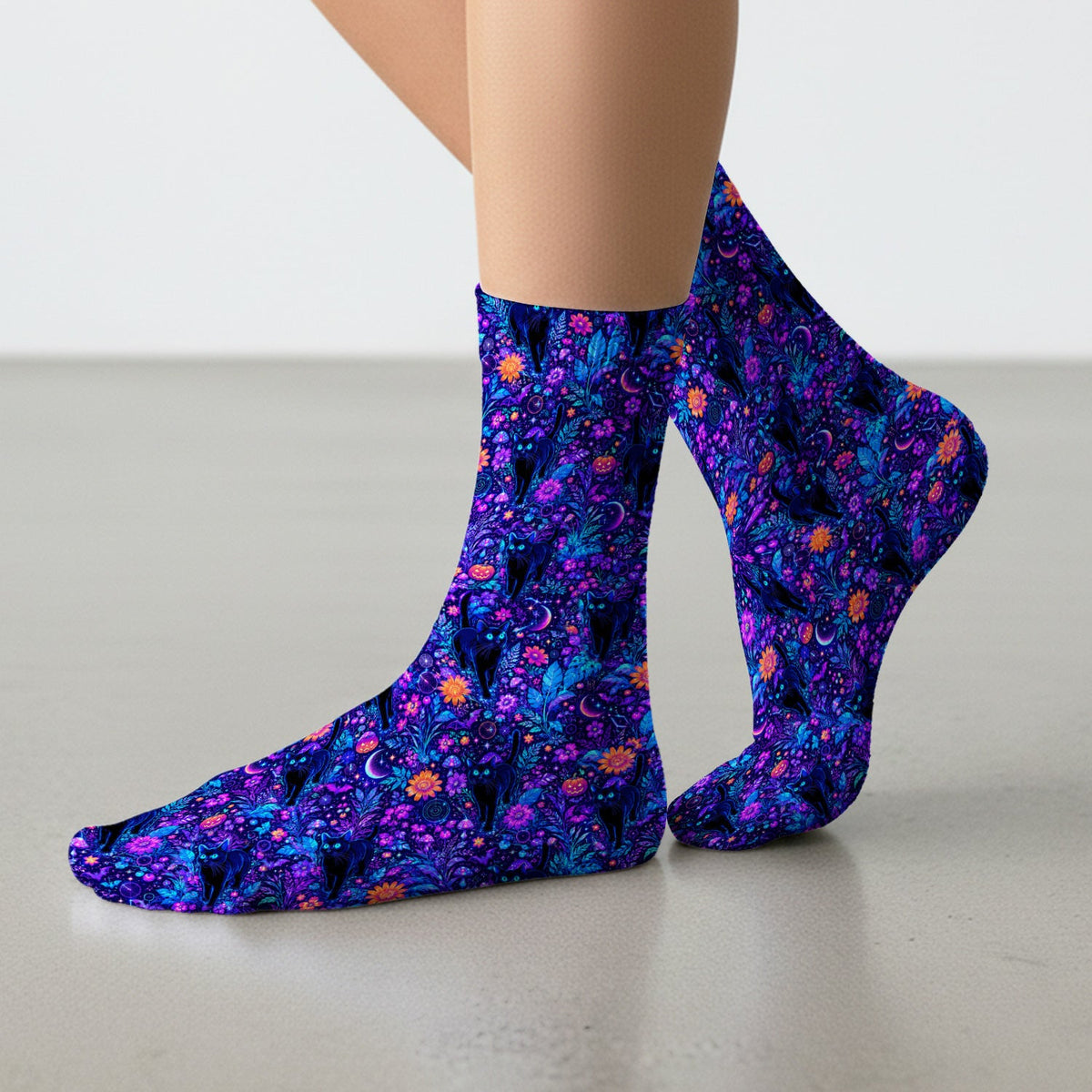 Black Cat Floral Nurse Socks - Halloween Gift