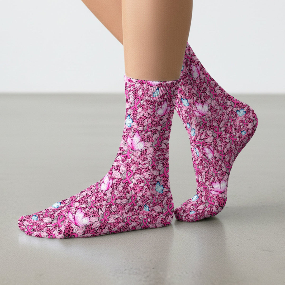 Pink Ribbon Butterfly Breast Cancer Nurse Socks