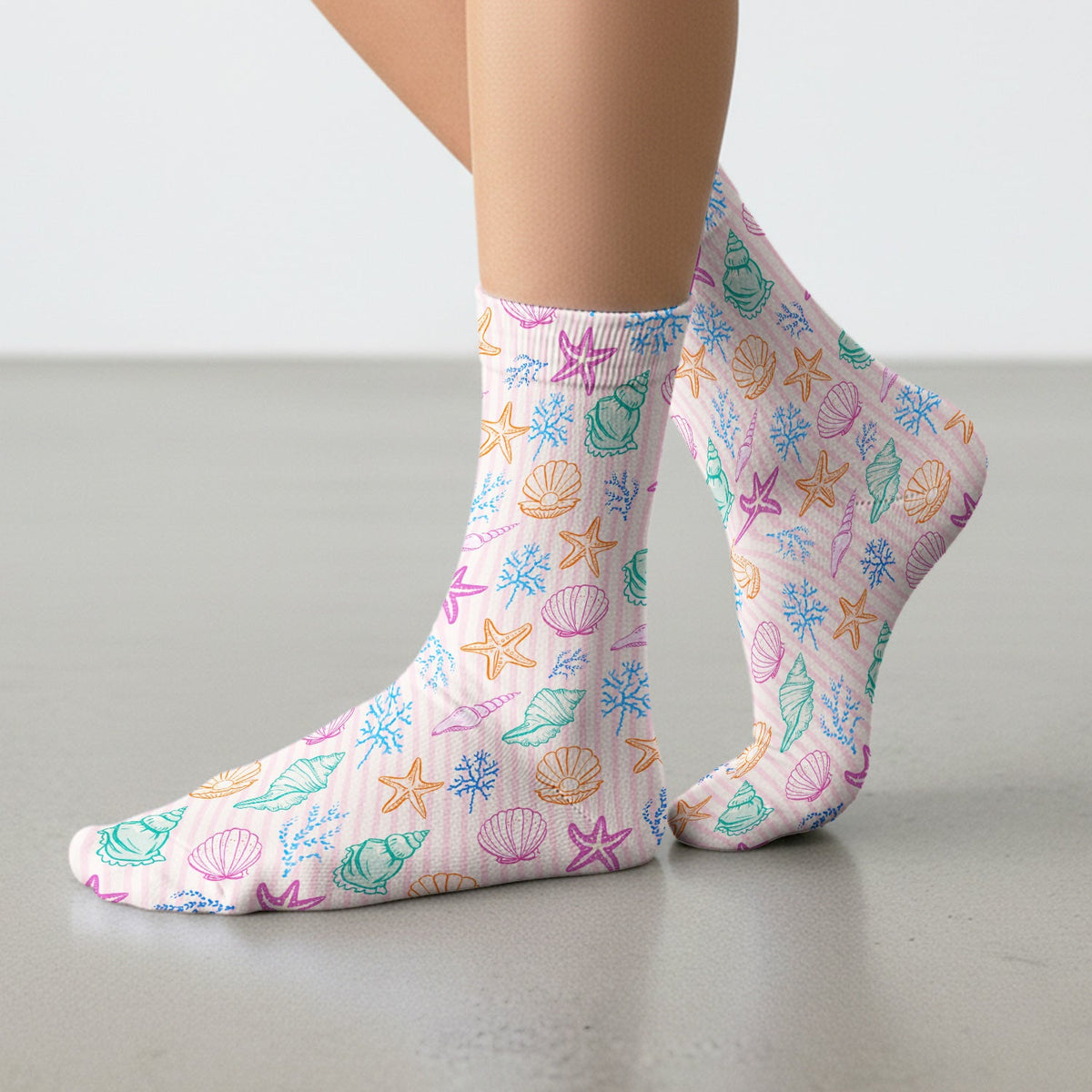 Colorful Seashell Starfish Ocean Stripe Nurse Socks