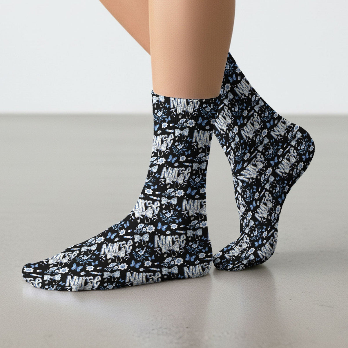 Blue Nurse Bow Butterfly Floral Socks