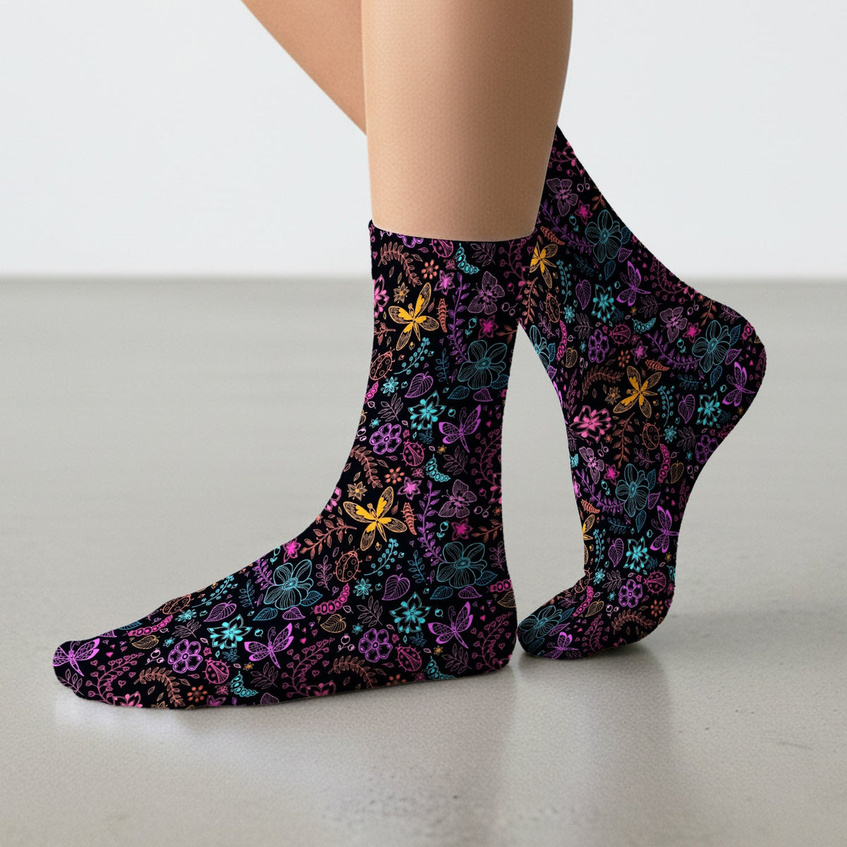 Neon Butterfly Floral Garden Nurse Socks