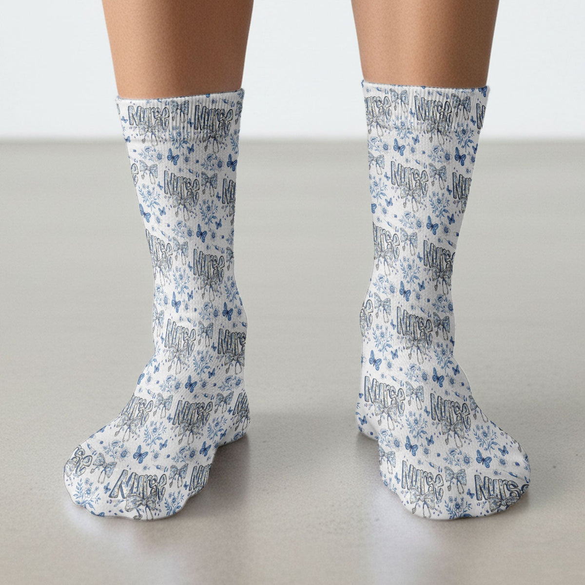 Blue Nurse Bow Butterfly Floral Socks