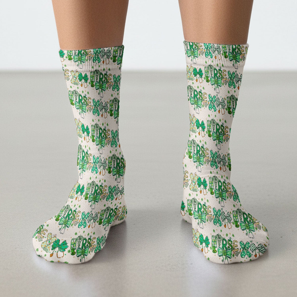St Patrick Clover Green Bow Nurse Socks