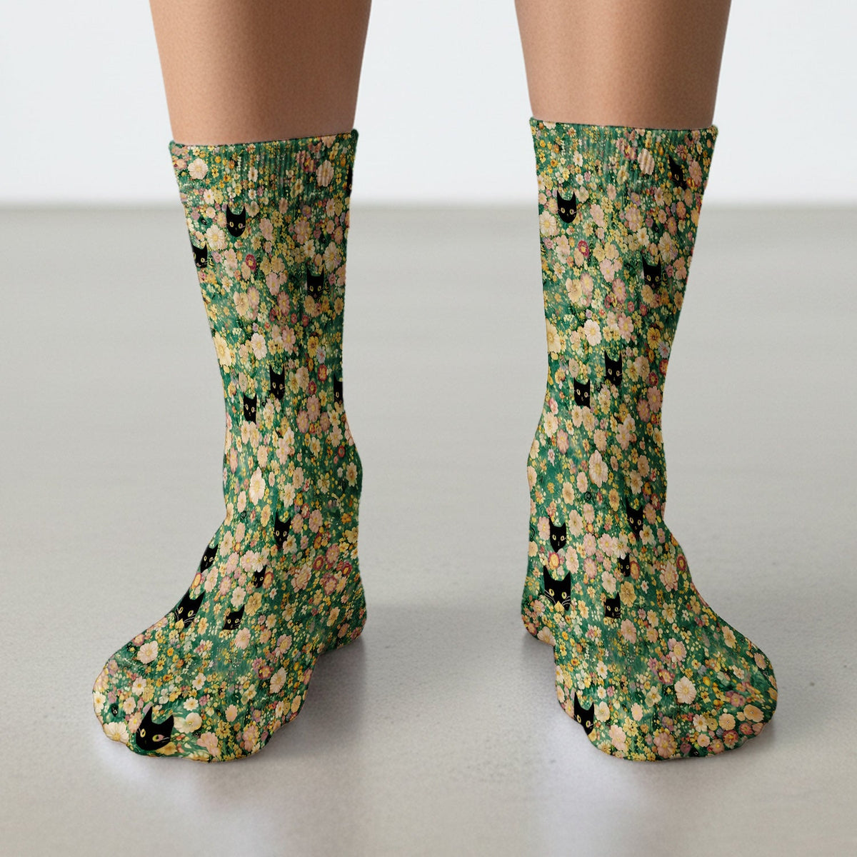 Cute Black Cat Floral Garden Nurse Socks