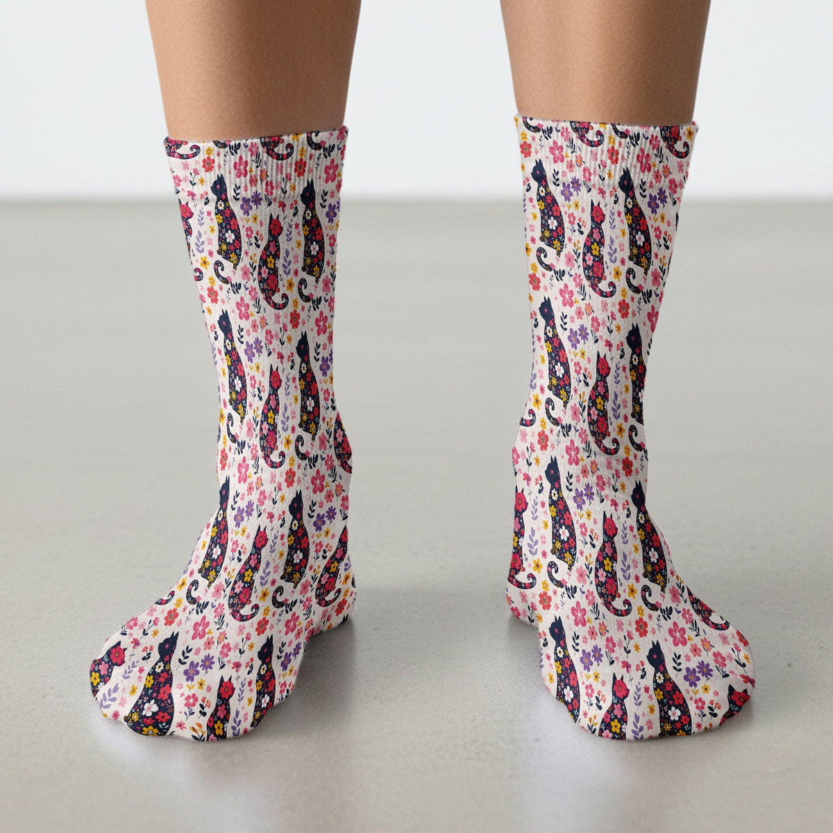 Floral Cat Silhouette Spring Garden Nurse Socks