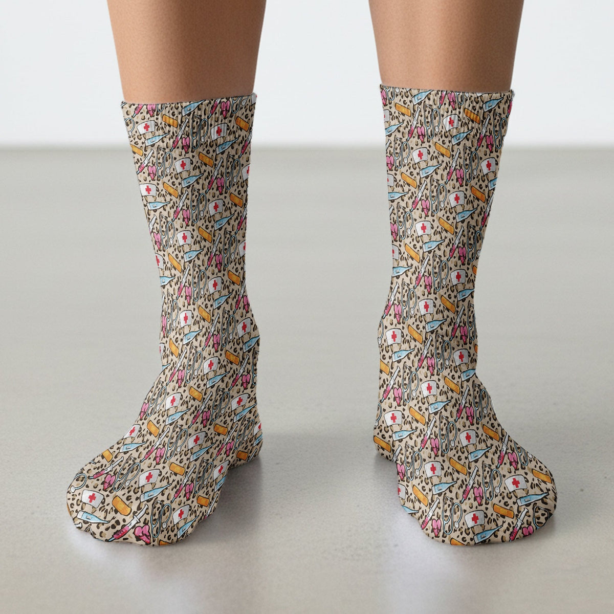 Leopard Medical Tools Pink Heart Nurse Socks