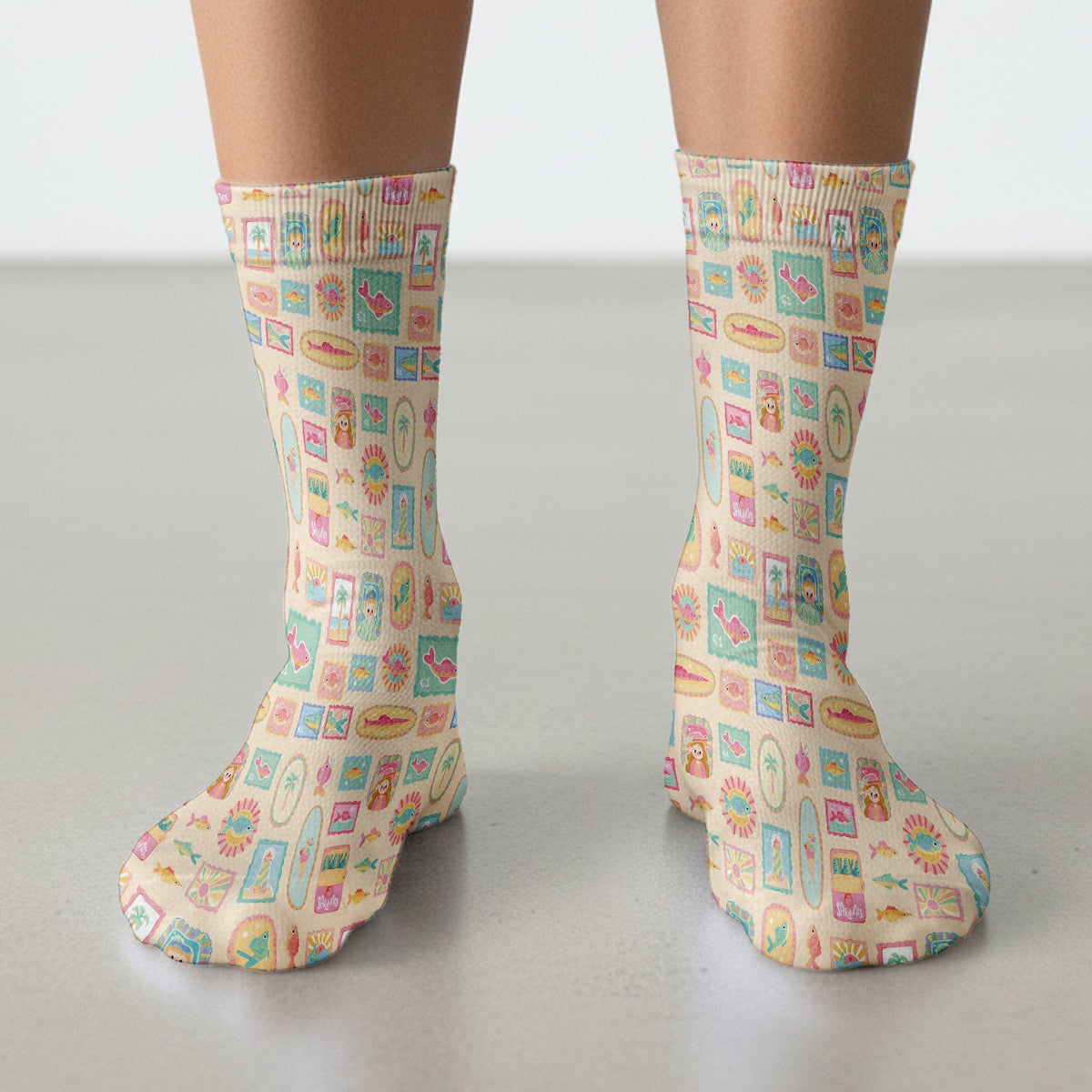 Coastal Vintage Postage Stamp Nurse Socks
