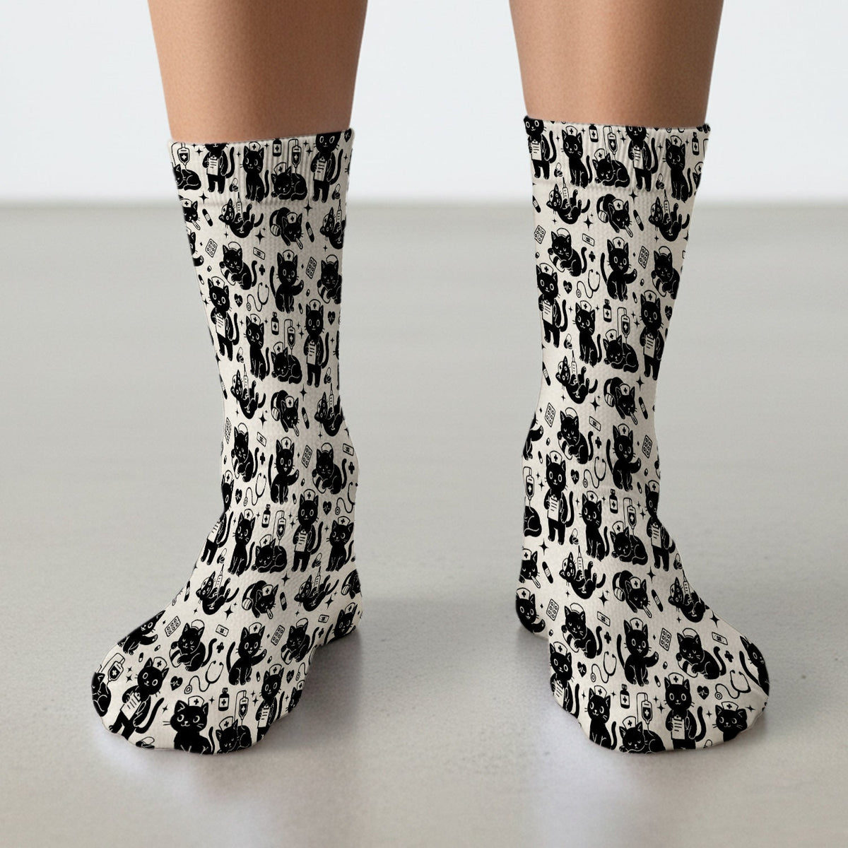 Cute White Black Cat Nurse Socks