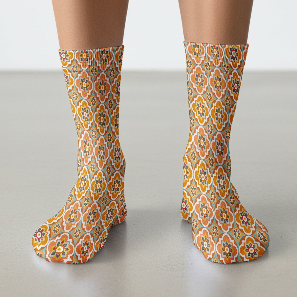 Orange Retro Geometric Floral Nurse Socks