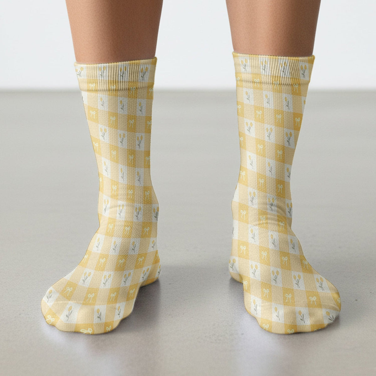 Yellow Gingham Bow Floral Nurse Socks