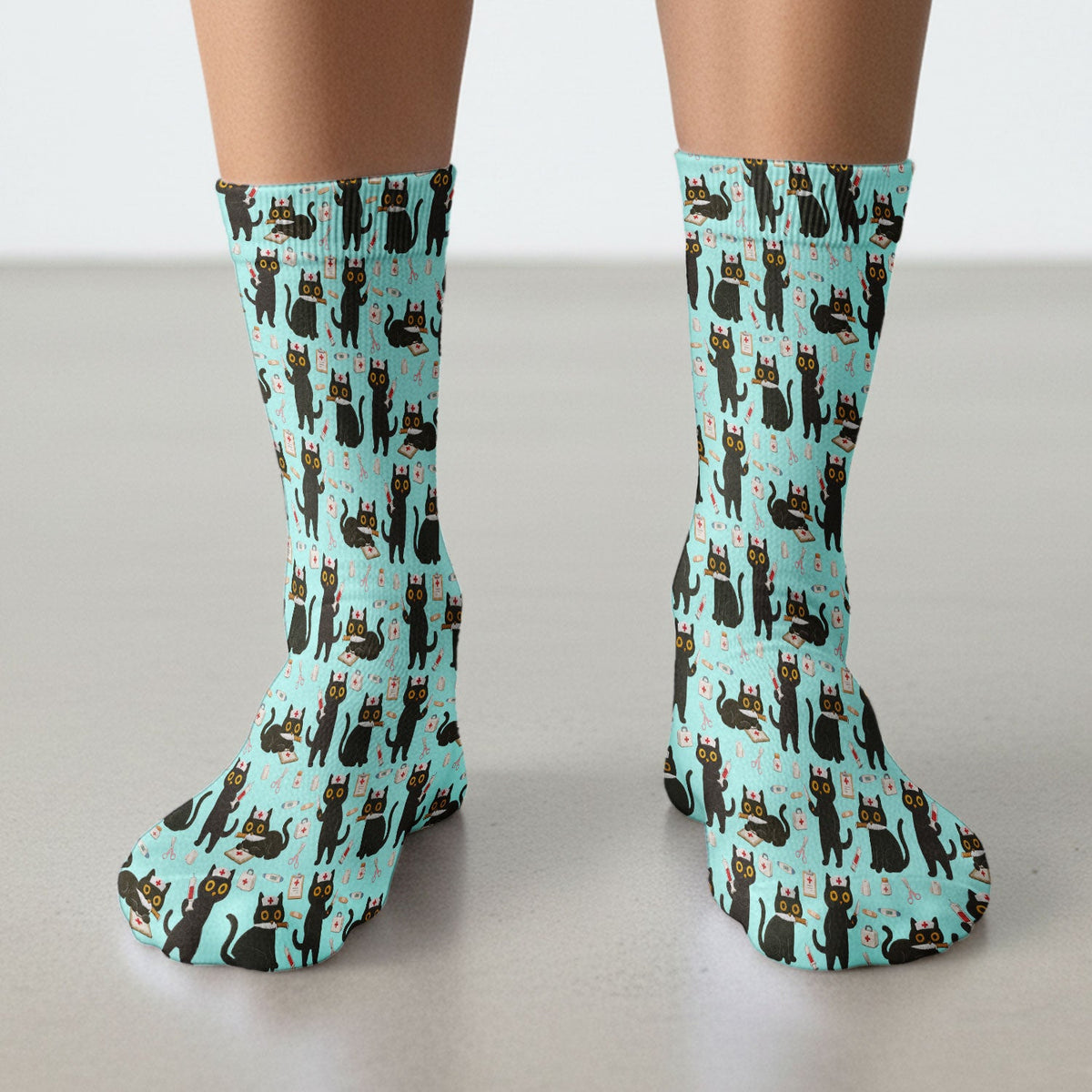 Cute Teal Black Cat Nurse Socks