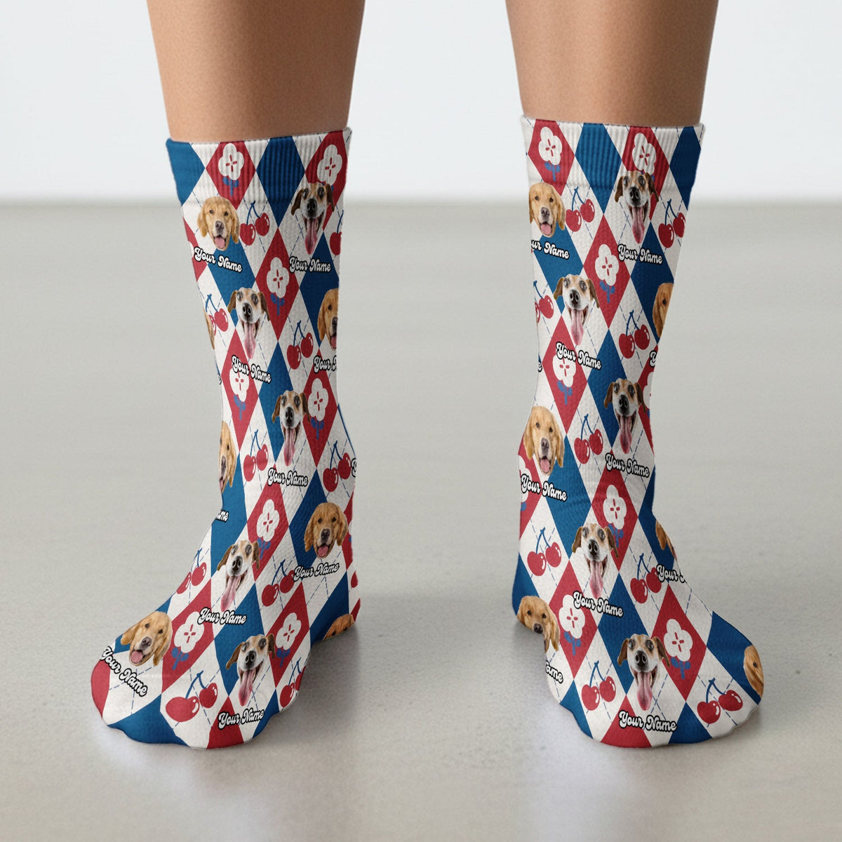 Dog Face Cherry Argyle Nurse Socks