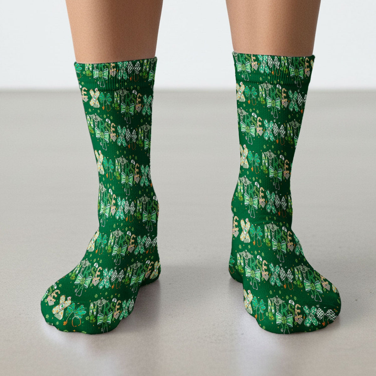 St Patrick Clover Green Bow Nurse Socks