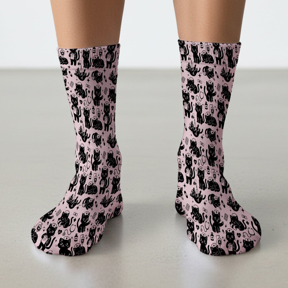 Cute White Black Cat Nurse Socks