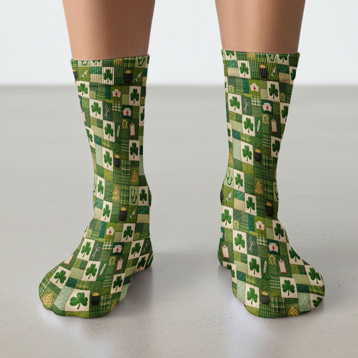 St Patrick Patchwork Shamrock Nurse Socks