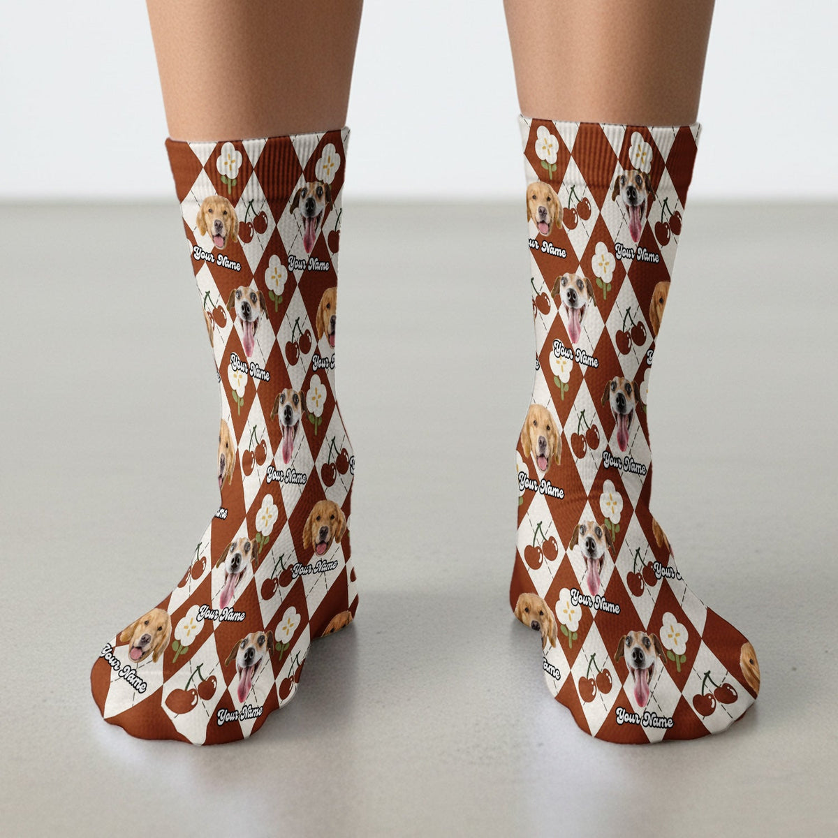 Dog Face Cherry Argyle Nurse Socks