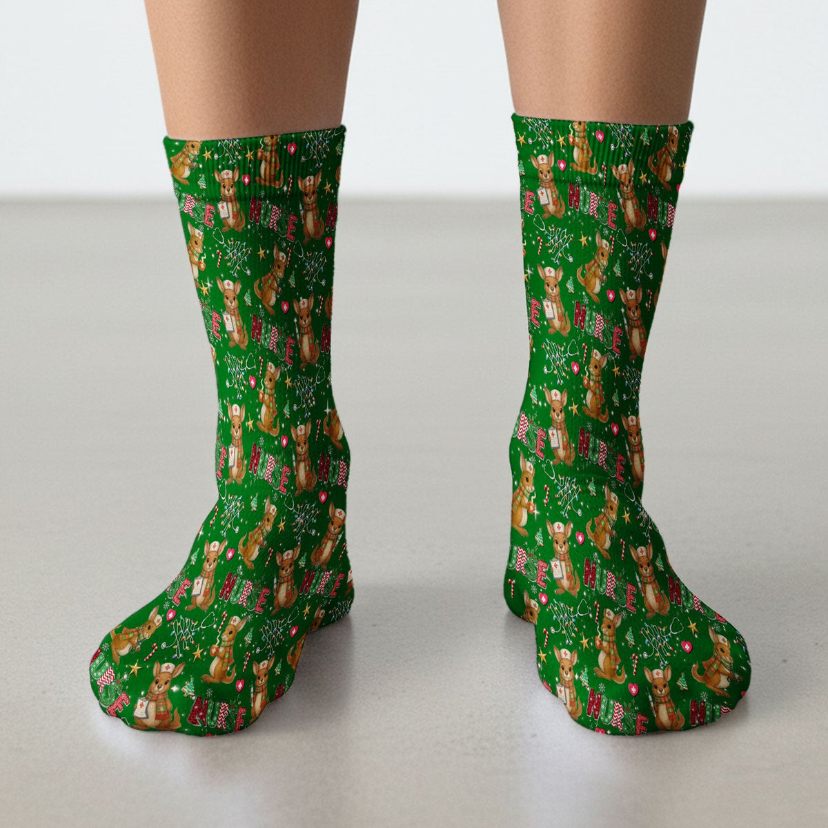 Aussie Kangaroo Christmas Socks for Nurse Doctor - Funny Holiday Adult Socks for Men and Women - Breathable Fabrics Medical Uniform