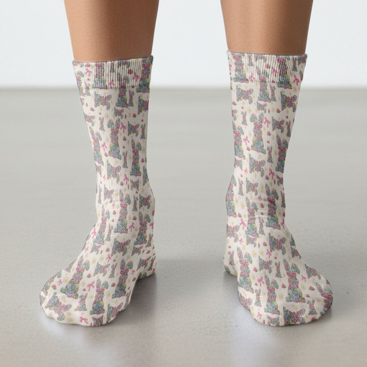 Colorful Floral Bunny Pink Bow Nurse Socks