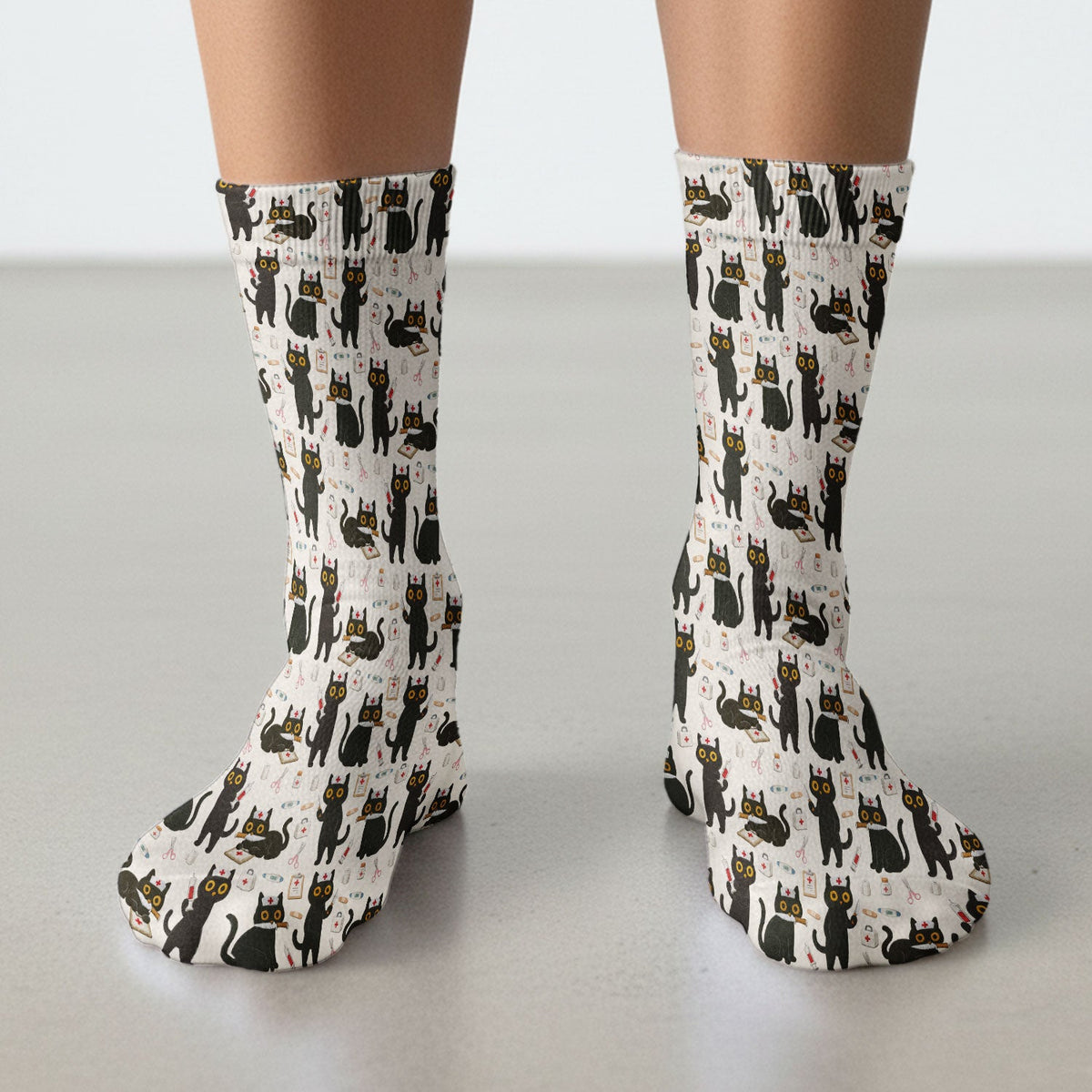 Cute Teal Black Cat Nurse Socks