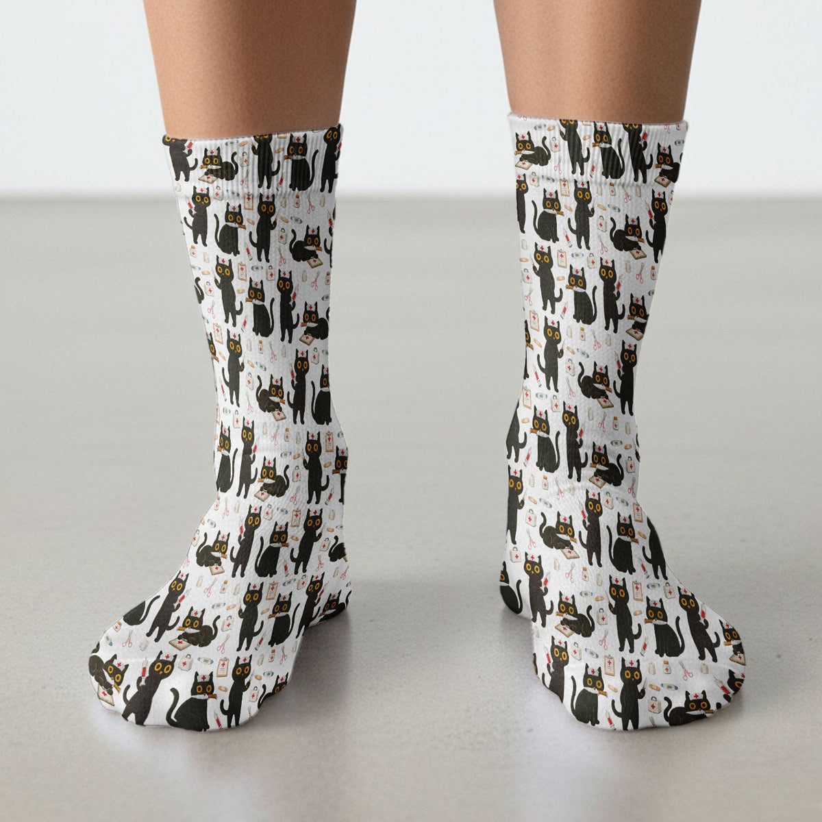Cute Teal Black Cat Nurse Socks