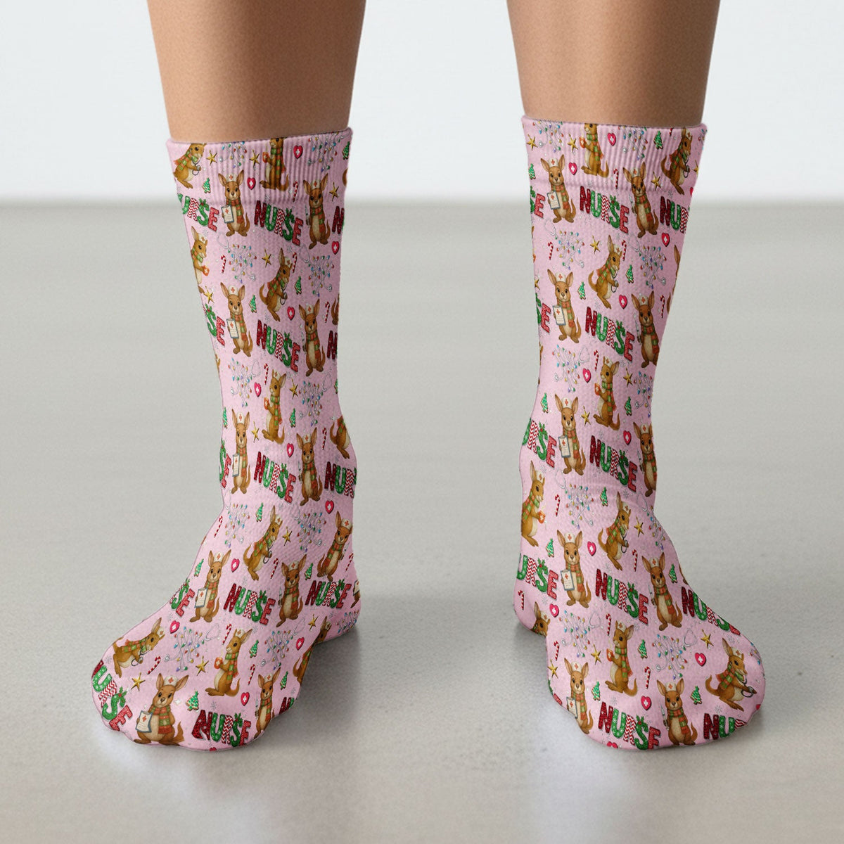 Aussie Kangaroo Christmas Socks for Nurse Doctor - Funny Holiday Adult Socks for Men and Women - Breathable Fabrics Medical Uniform