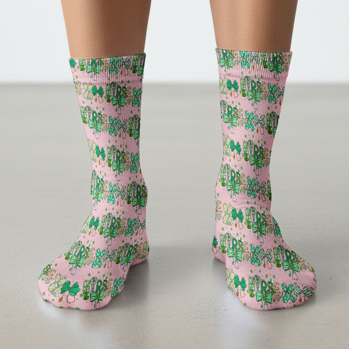 St Patrick Clover Green Bow Nurse Socks