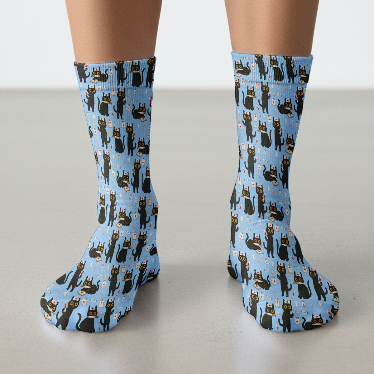 Cute Teal Black Cat Nurse Socks