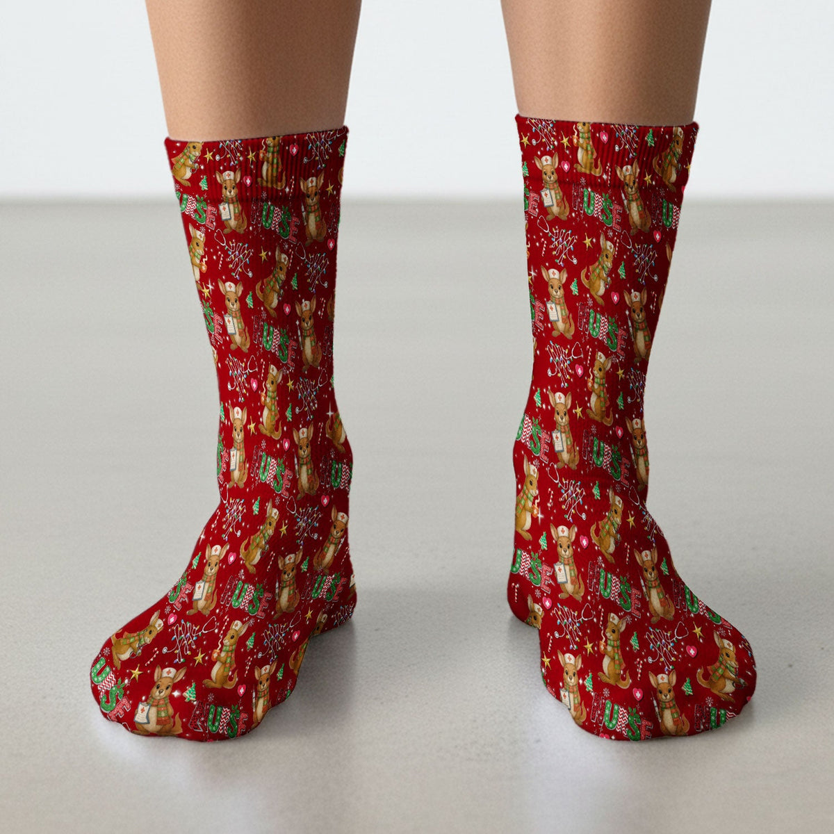 Aussie Kangaroo Christmas Socks for Nurse Doctor - Funny Holiday Adult Socks for Men and Women - Breathable Fabrics Medical Uniform