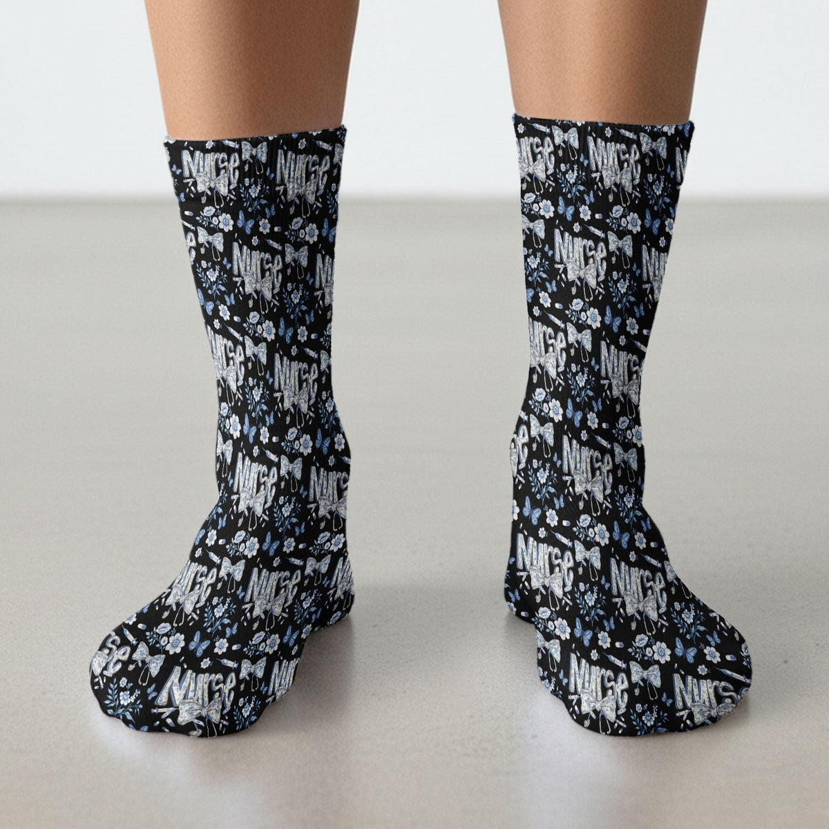 Blue Nurse Bow Butterfly Floral Socks