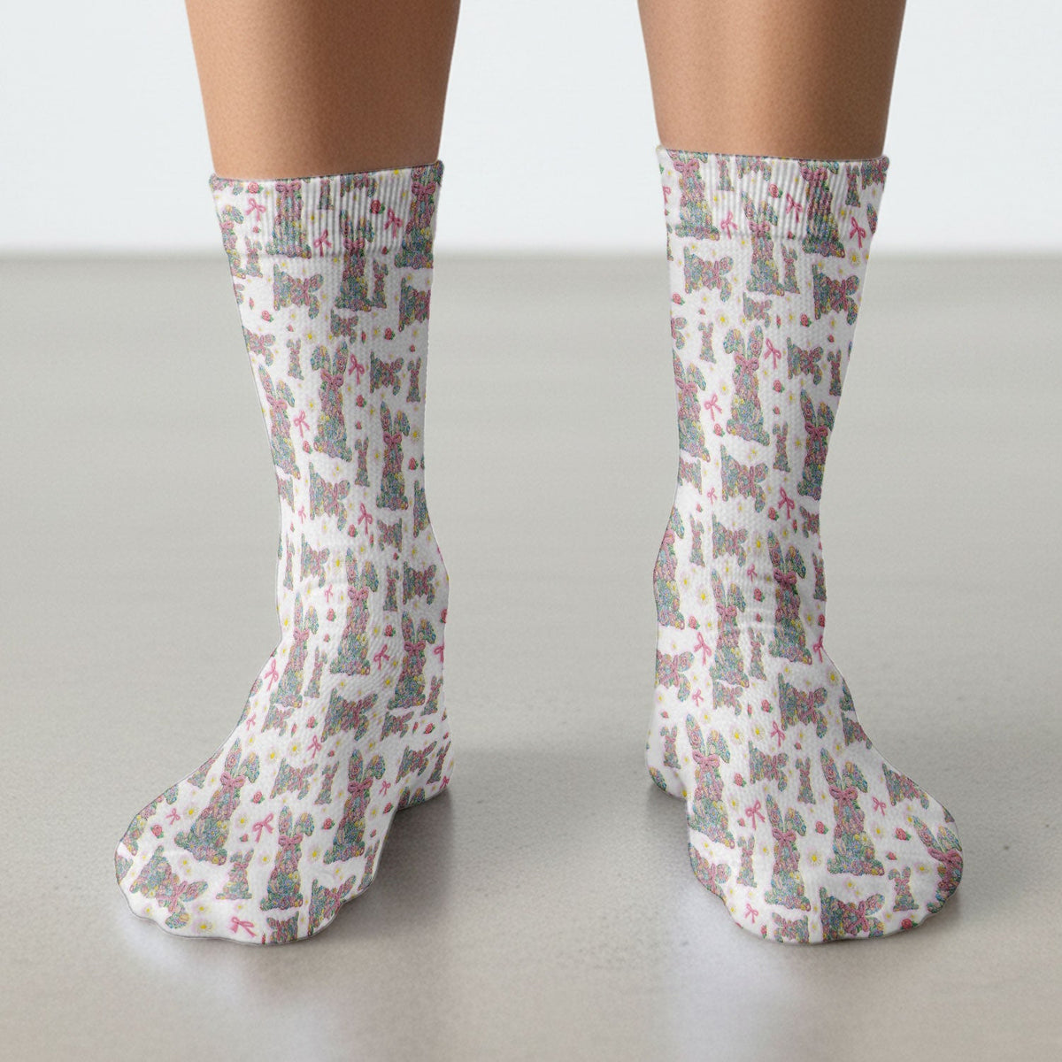 Colorful Floral Bunny Pink Bow Nurse Socks