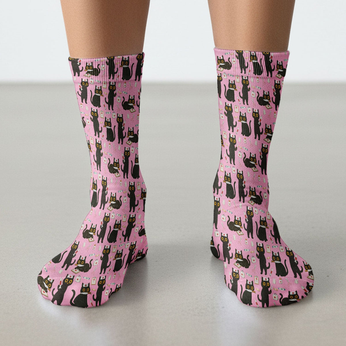 Cute Teal Black Cat Nurse Socks