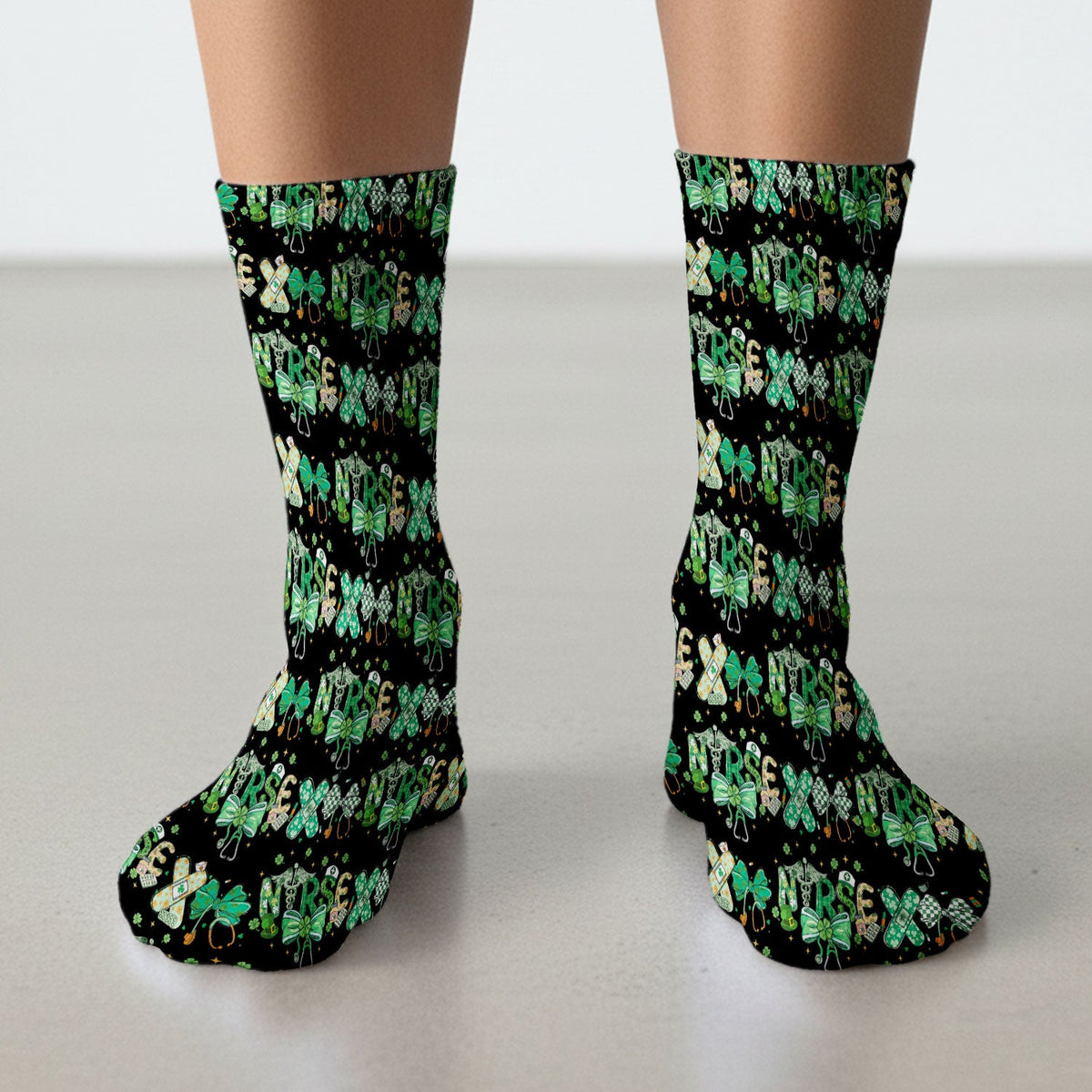 St Patrick Clover Green Bow Nurse Socks