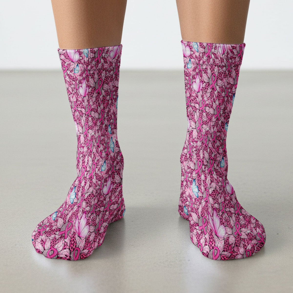 Pink Ribbon Butterfly Breast Cancer Nurse Socks