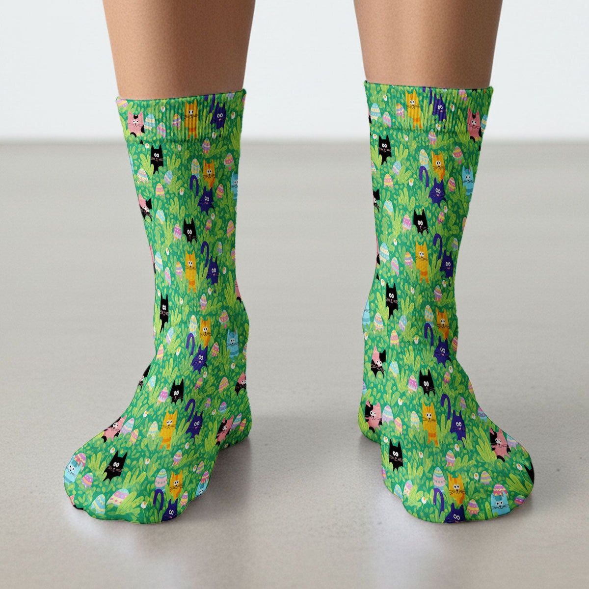 Colorful Easter Cats Green Leaves Nurse Socks