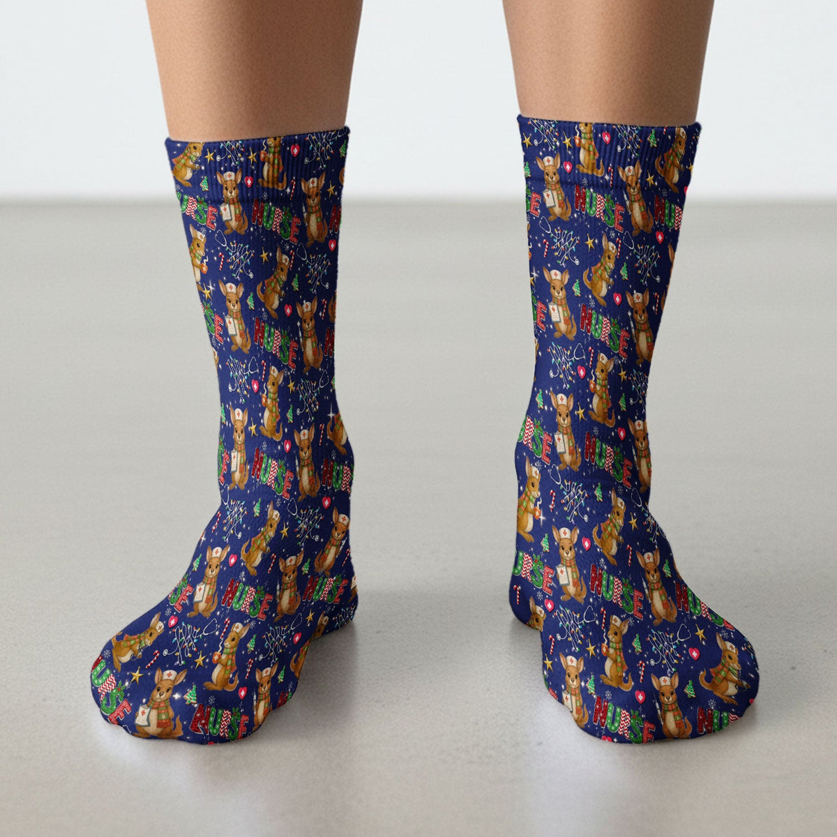 Aussie Kangaroo Christmas Socks for Nurse Doctor - Funny Holiday Adult Socks for Men and Women - Breathable Fabrics Medical Uniform