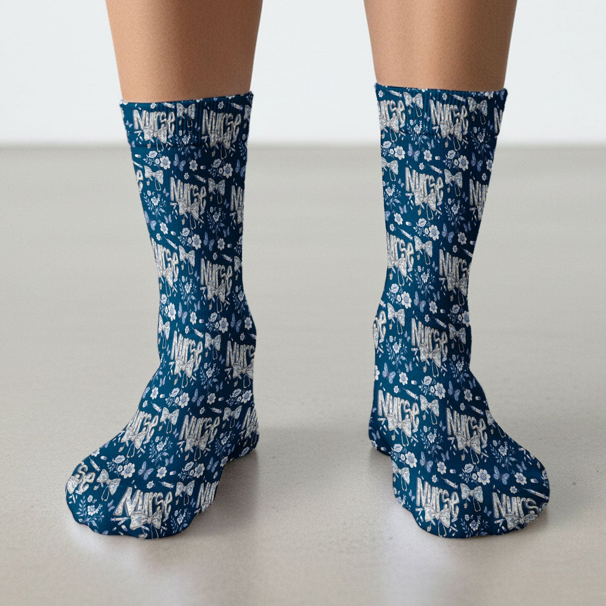 Blue Nurse Bow Butterfly Floral Socks