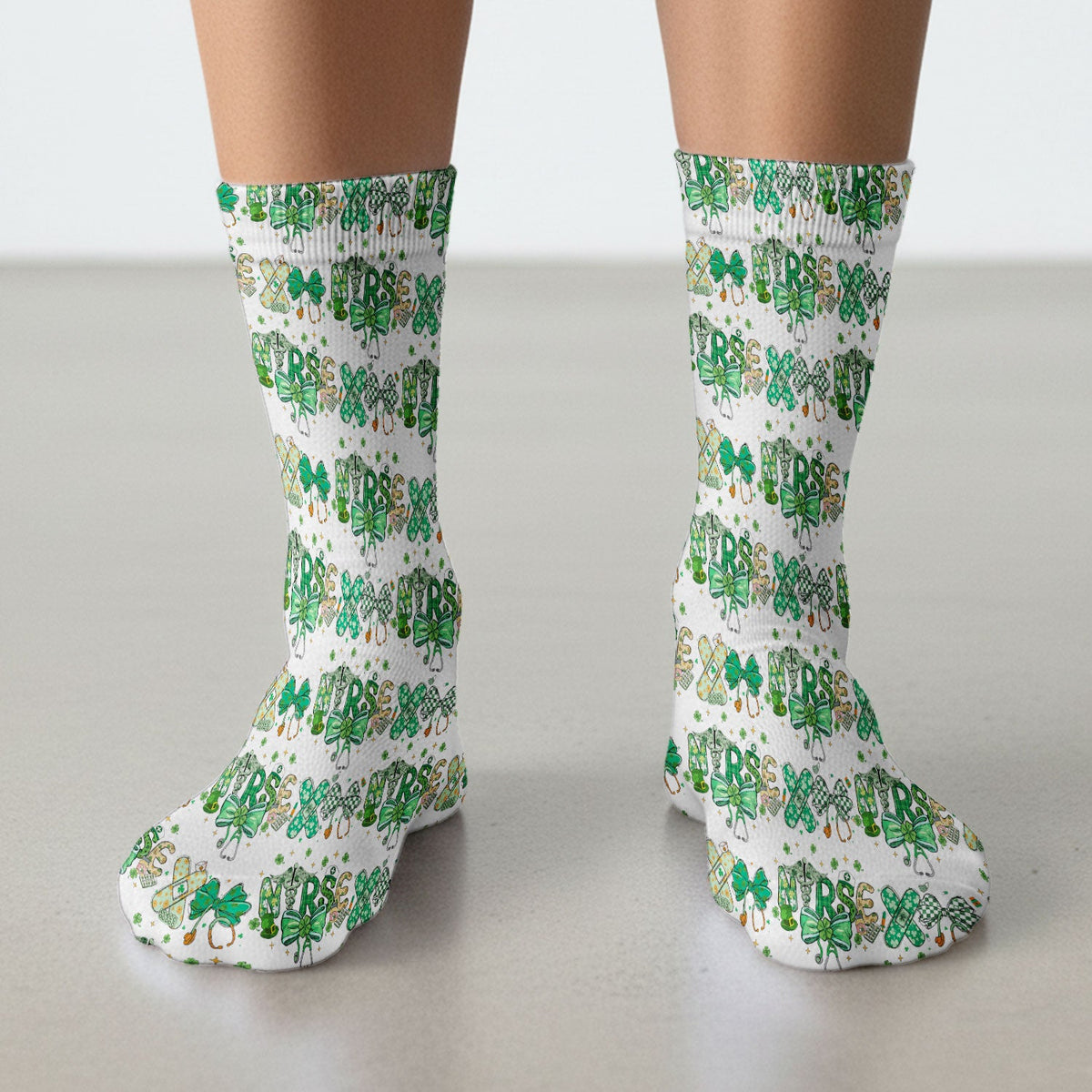St Patrick Clover Green Bow Nurse Socks