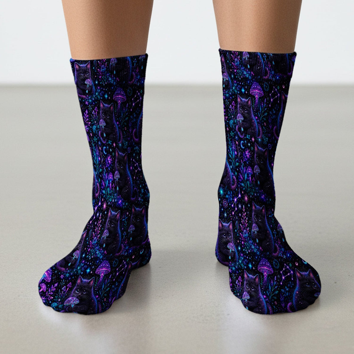 Neon Black Cat Mushroom Galaxy Nurse Socks