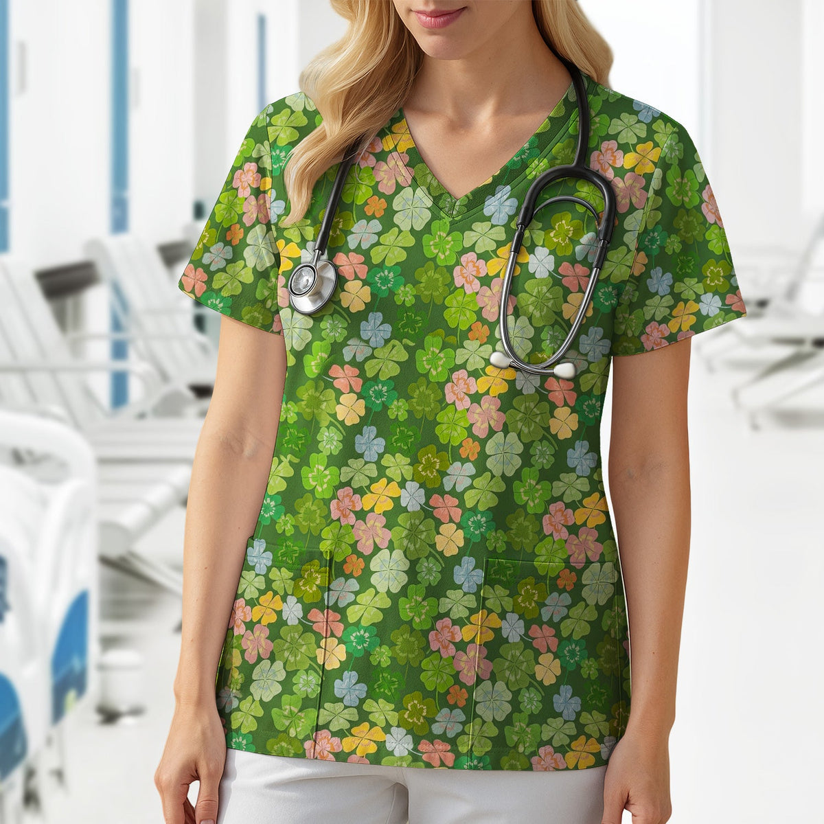 Colorful Shamrock Clover Nurse Scrub Top