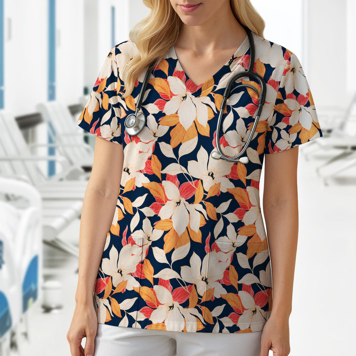 Elegant Ivory Lily Leaves Nurse Scrub Top